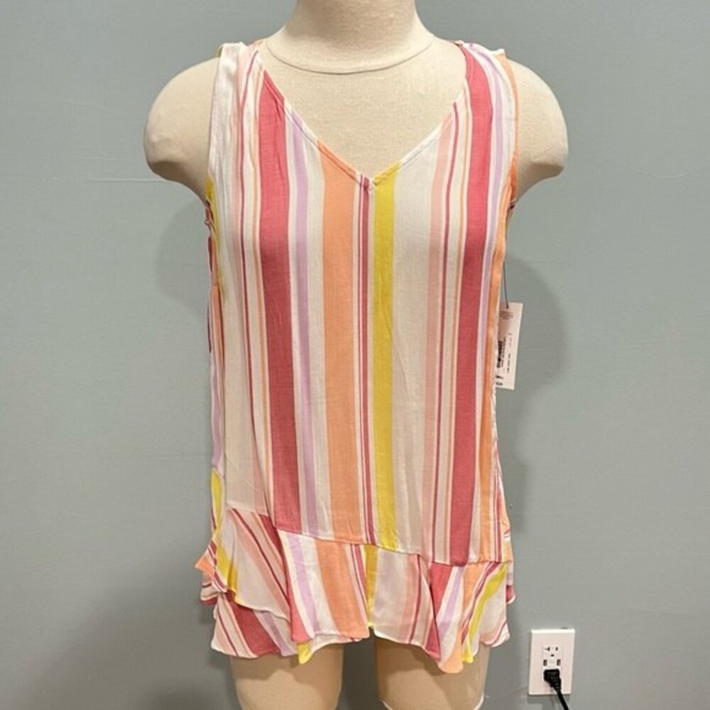 NWT A.N.A Lochlyn Stripe Red & Orange Sleeveless Ruffle Hem Blouse Size Small